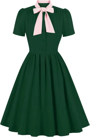 1950s Dresses for Women Vintage Rockabilly Retro Short Sleeve Tie Midi Dress Cocktail Party Evening Prom Gown