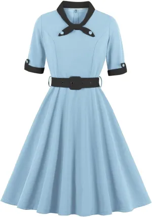 1950s Dresses for Women Vintage Rockabilly Retro Short Sleeve Tie Midi Dress Cocktail Party Evening Prom Gown