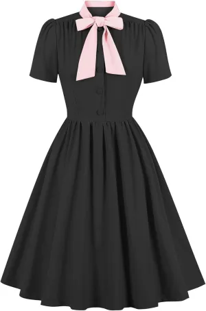 1950s Dresses for Women Vintage Rockabilly Retro Short Sleeve Tie Midi Dress Cocktail Party Evening Prom Gown