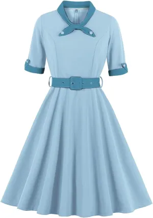 1950s Dresses for Women Vintage Rockabilly Retro Short Sleeve Tie Midi Dress Cocktail Party Evening Prom Gown