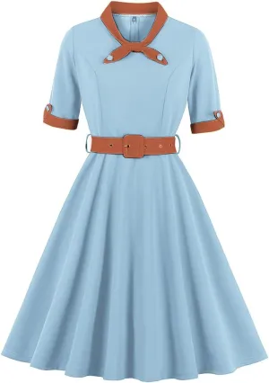 1950s Dresses for Women Vintage Rockabilly Retro Short Sleeve Tie Midi Dress Cocktail Party Evening Prom Gown