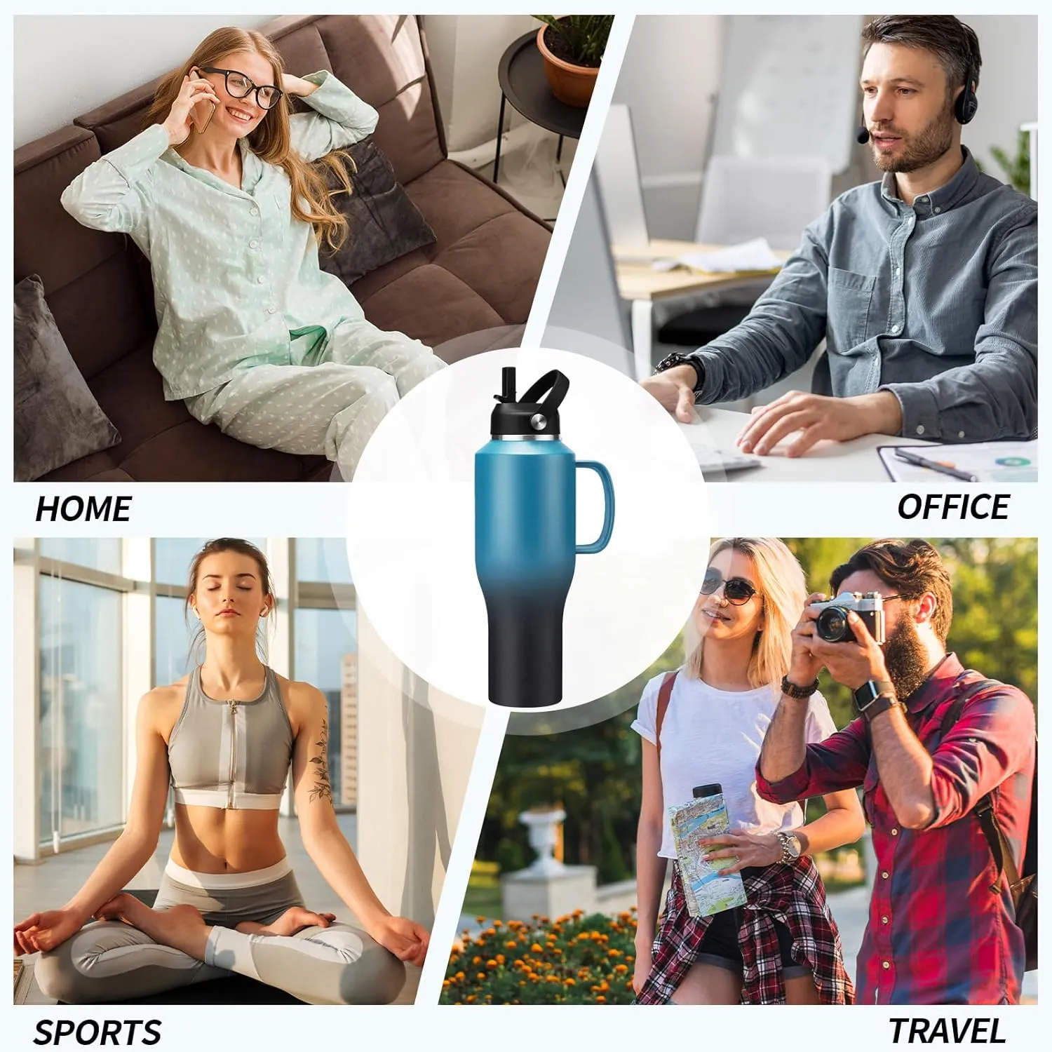 40 oz Insulated Tumbler with Handle - Stainless Steel Water Bottles with Straw & Auto Chug Lids, Carrier Pouch, Water Metal Coffee Tumblers Metal Flask, Fits in Cup Holder Leak Proof, Keep Cold 48h