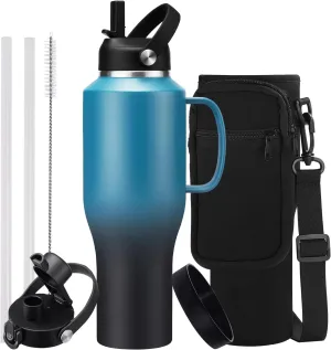 40 oz Insulated Tumbler with Handle - Stainless Steel Water Bottles with Straw & Auto Chug Lids, Carrier Pouch, Water Metal Coffee Tumblers Metal Flask, Fits in Cup Holder Leak Proof, Keep Cold 48h