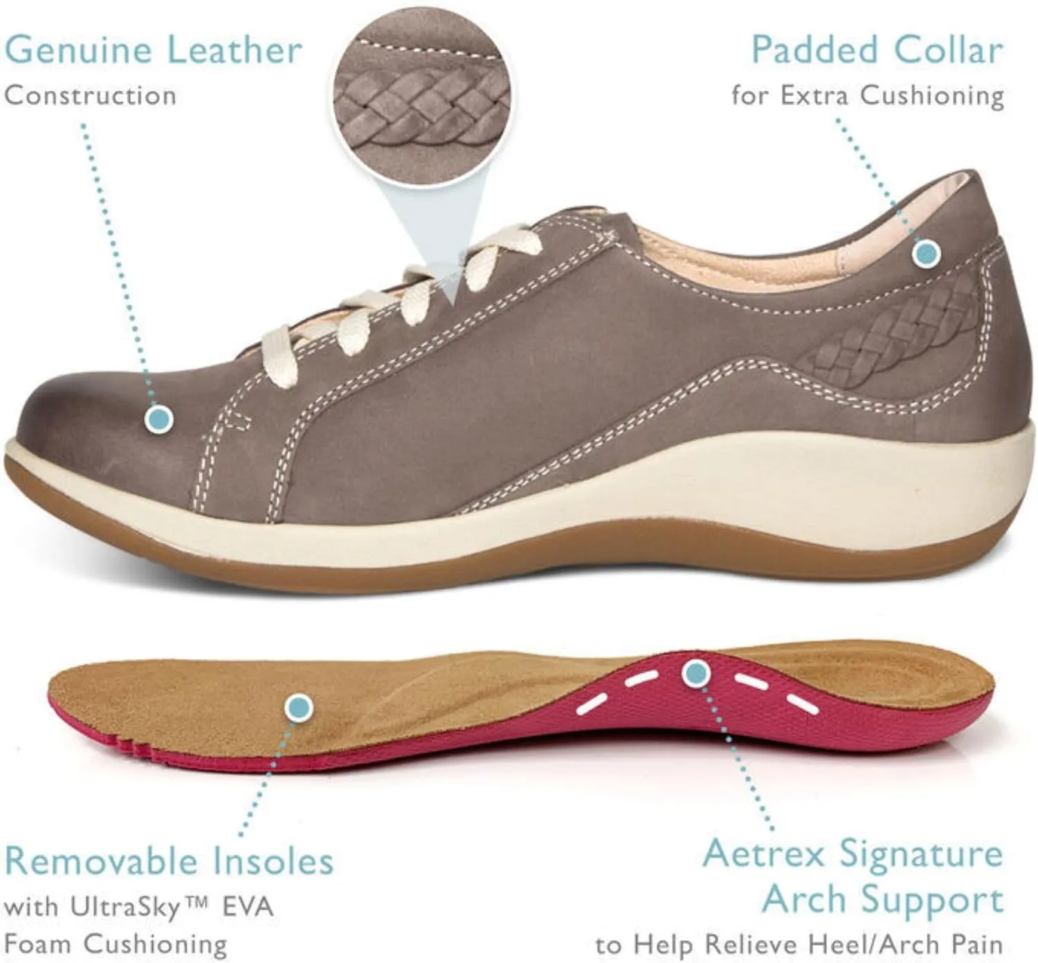 Aetrex Women's Dana Orthopedic Lace Up Oxford Leather Shoes - Lightweight Casual Comfort Arch Support Sneakers