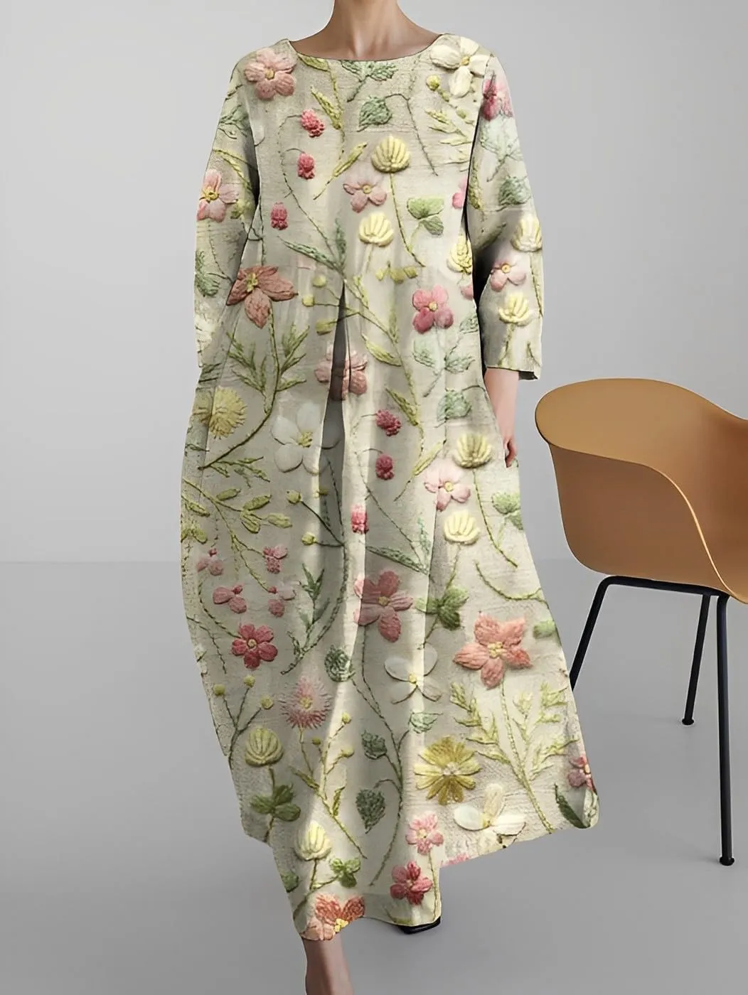 Akivide Womens Casual Loose 3/4 Sleeve Cotton Boho Floral Maxi Dresses Oversized Round Neck Long Maxi Fall Swing Dress