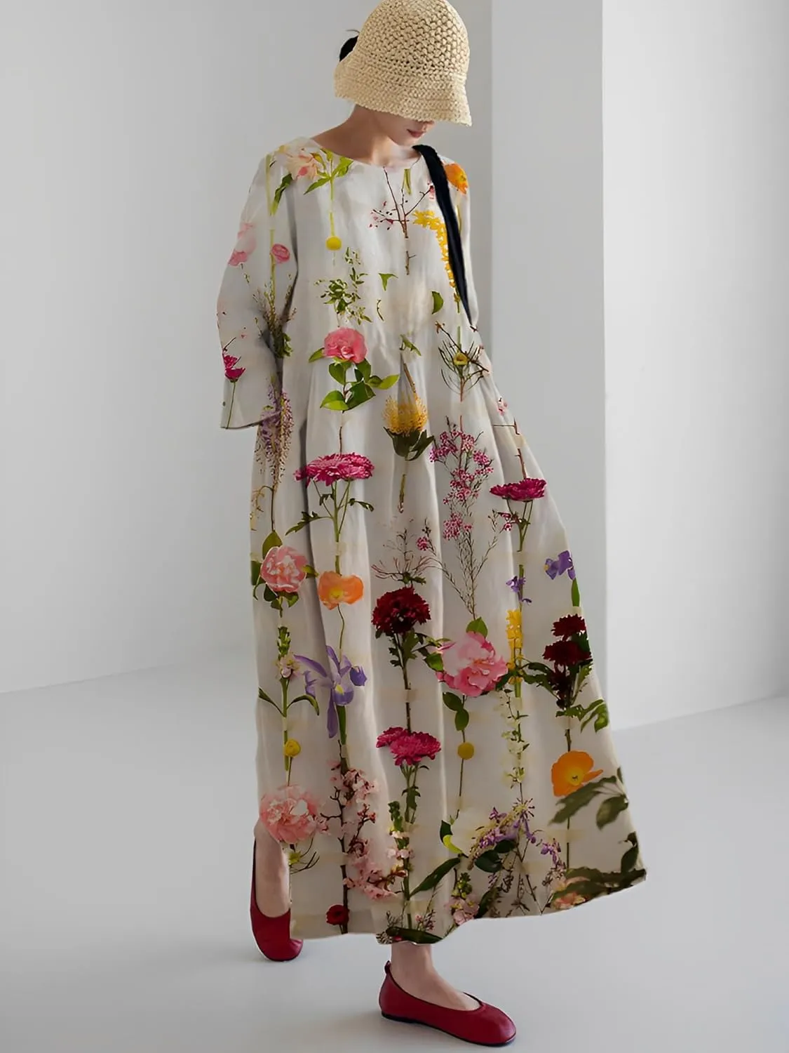 Akivide Womens Casual Loose 3/4 Sleeve Cotton Boho Floral Maxi Dresses Oversized Round Neck Long Maxi Fall Swing Dress
