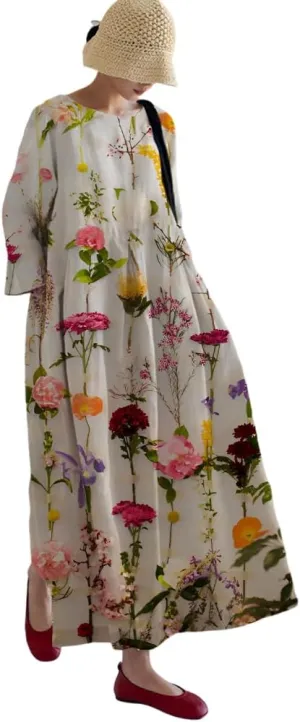 Akivide Womens Casual Loose 3/4 Sleeve Cotton Boho Floral Maxi Dresses Oversized Round Neck Long Maxi Fall Swing Dress