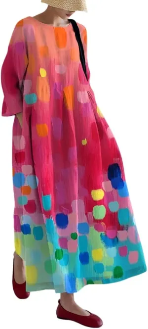 Akivide Womens Casual Loose 3/4 Sleeve Cotton Boho Floral Maxi Dresses Oversized Round Neck Long Maxi Fall Swing Dress