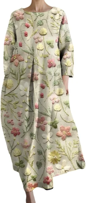 Akivide Womens Casual Loose 3/4 Sleeve Cotton Boho Floral Maxi Dresses Oversized Round Neck Long Maxi Fall Swing Dress