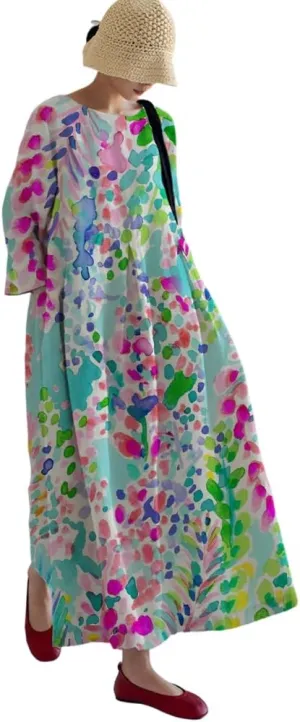 Akivide Womens Casual Loose 3/4 Sleeve Cotton Boho Floral Maxi Dresses Oversized Round Neck Long Maxi Fall Swing Dress