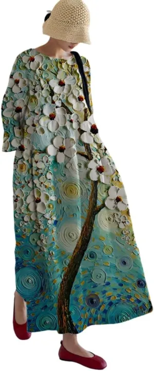 Akivide Womens Casual Loose 3/4 Sleeve Cotton Boho Floral Maxi Dresses Oversized Round Neck Long Maxi Fall Swing Dress