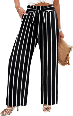 Angerella Womens Wide Leg Pants High Elastic Waist Adjustable Knot Casual Flowy Trousers Business Work Pants with Pockets