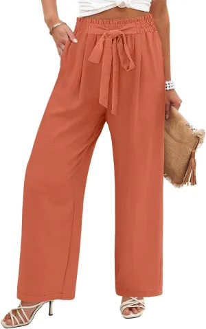 Angerella Womens Wide Leg Pants High Elastic Waist Adjustable Knot Casual Flowy Trousers Business Work Pants with Pockets