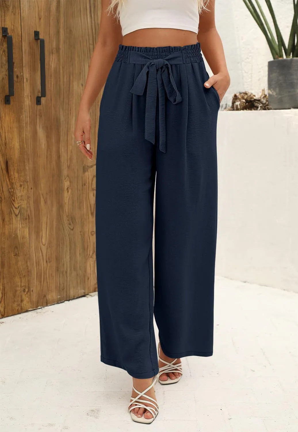 Angerella Womens Wide Leg Pants High Elastic Waist Adjustable Knot Casual Flowy Trousers Business Work Pants with Pockets
