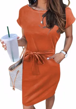 Arolina Womens Summer Short Sleeve Striped T Shirt Dress Casual Midi Dresses Crewneck Tie Waist with Pockets