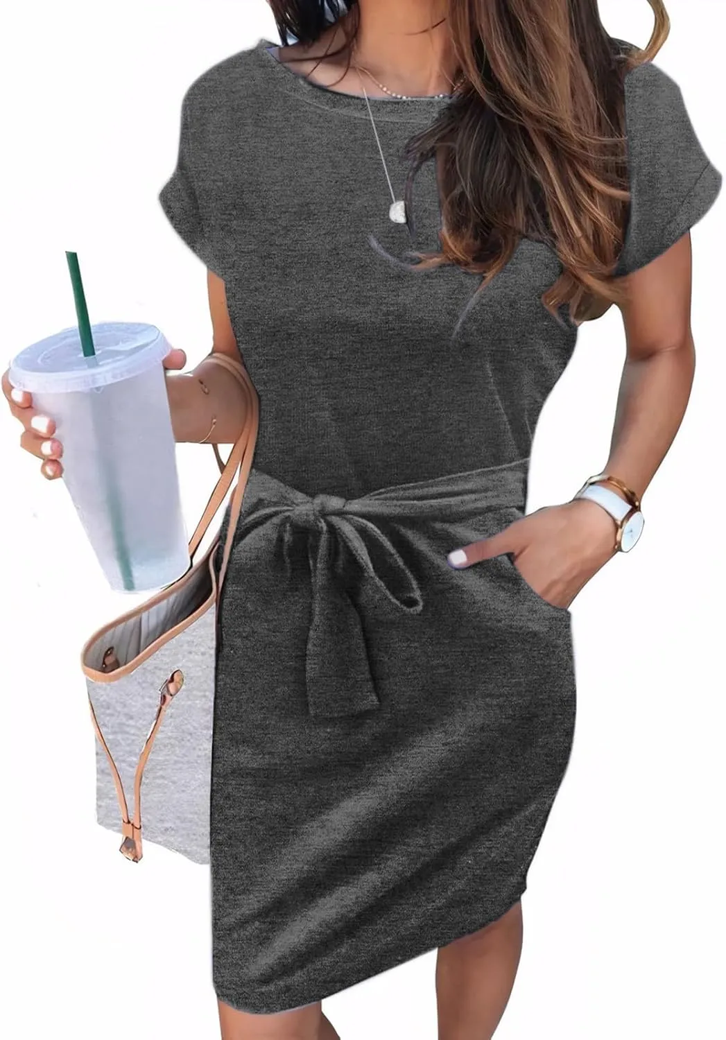 Arolina Womens Summer Short Sleeve Striped T Shirt Dress Casual Midi Dresses Crewneck Tie Waist with Pockets
