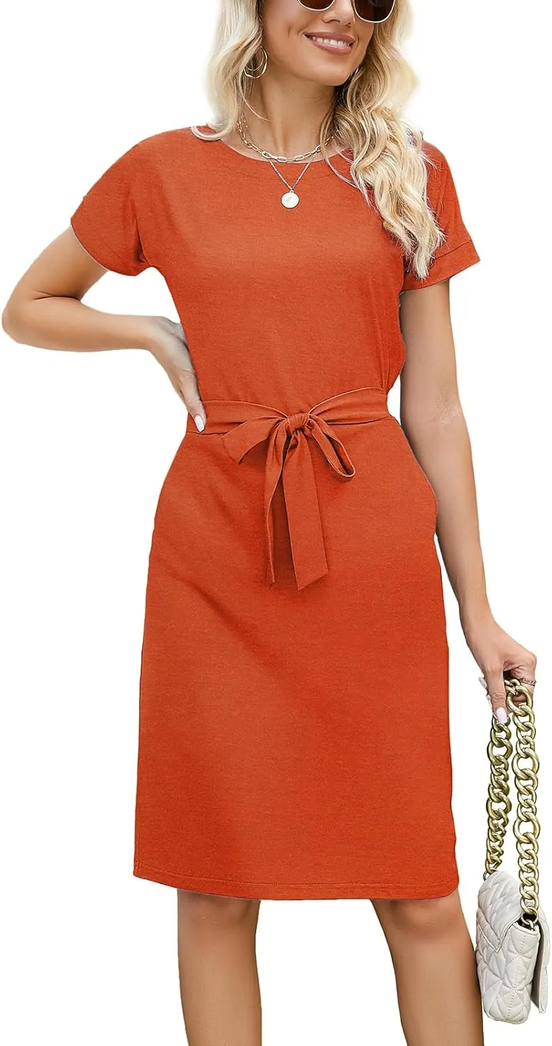 Arolina Womens Summer Short Sleeve Striped T Shirt Dress Casual Midi Dresses Crewneck Tie Waist with Pockets