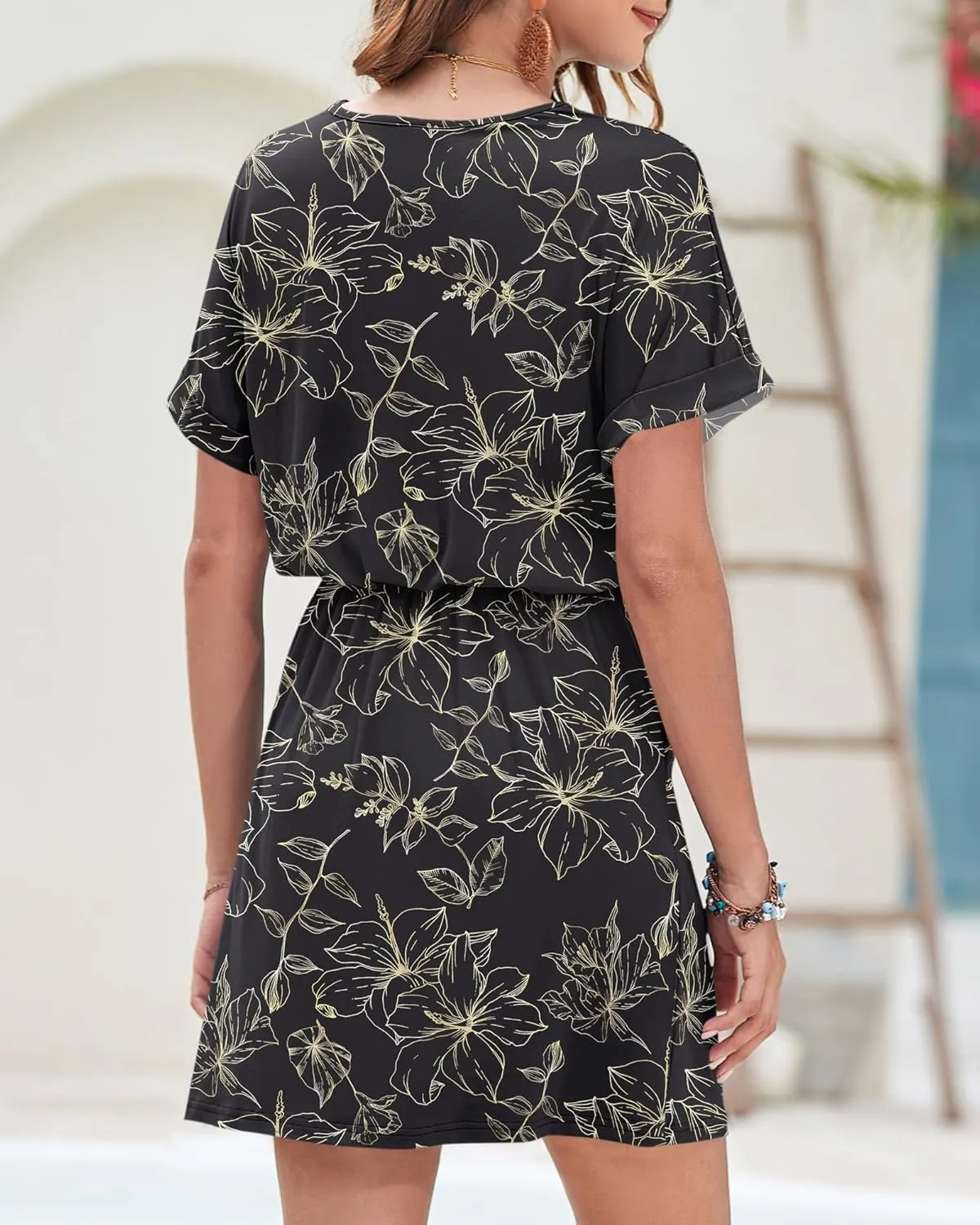 AUSELILY Womens Summer Dress 2025 Casual Short Sleeve Sundress V Neck Tie Button Beach Swing Dresses with Pockets