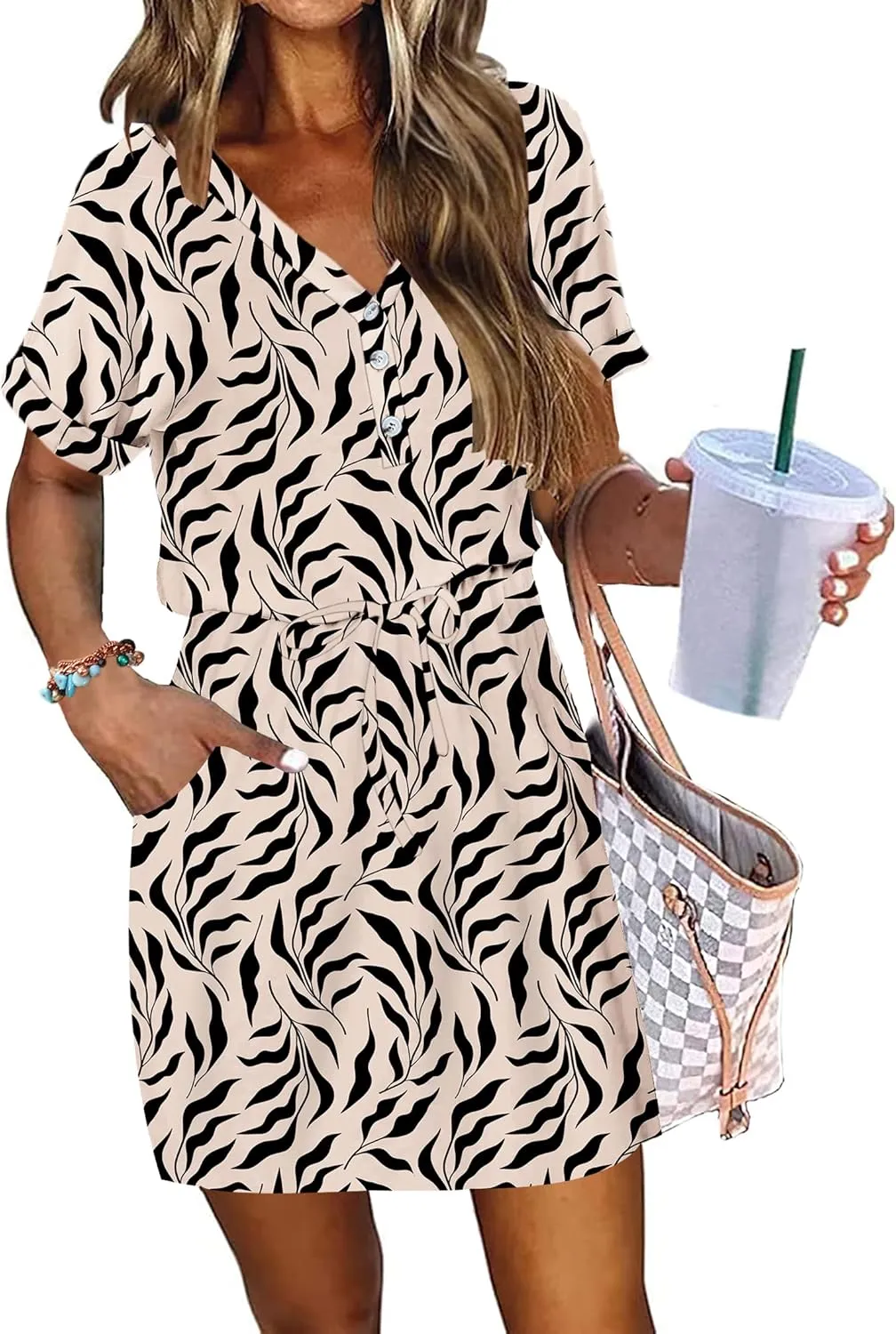 AUSELILY Womens Summer Dress 2025 Casual Short Sleeve Sundress V Neck Tie Button Beach Swing Dresses with Pockets