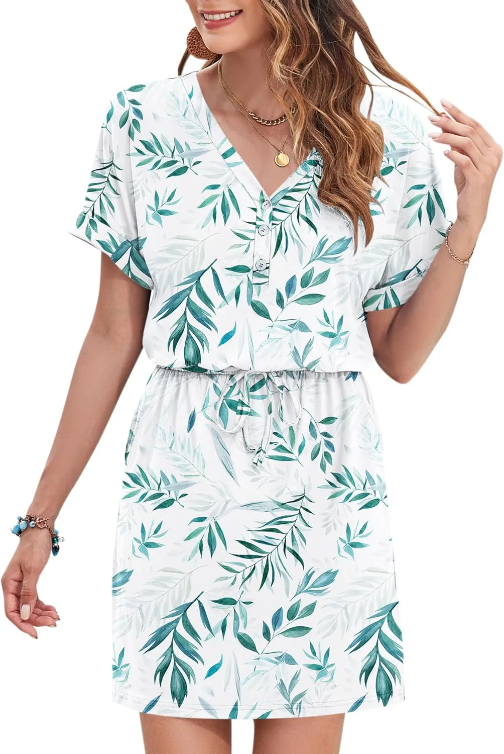 AUSELILY Womens Summer Dress 2025 Casual Short Sleeve Sundress V Neck Tie Button Beach Swing Dresses with Pockets