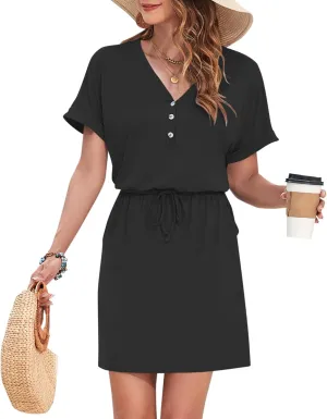 AUSELILY Womens Summer Dress 2025 Casual Short Sleeve Sundress V Neck Tie Button Beach Swing Dresses with Pockets