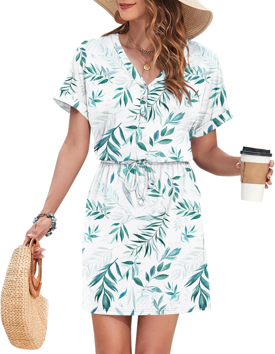 AUSELILY Womens Summer Dress 2025 Casual Short Sleeve Sundress V Neck Tie Button Beach Swing Dresses with Pockets