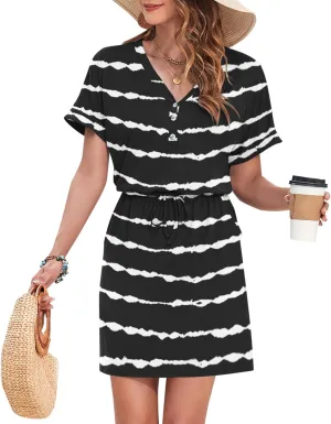 AUSELILY Womens Summer Dress 2025 Casual Short Sleeve Sundress V Neck Tie Button Beach Swing Dresses with Pockets