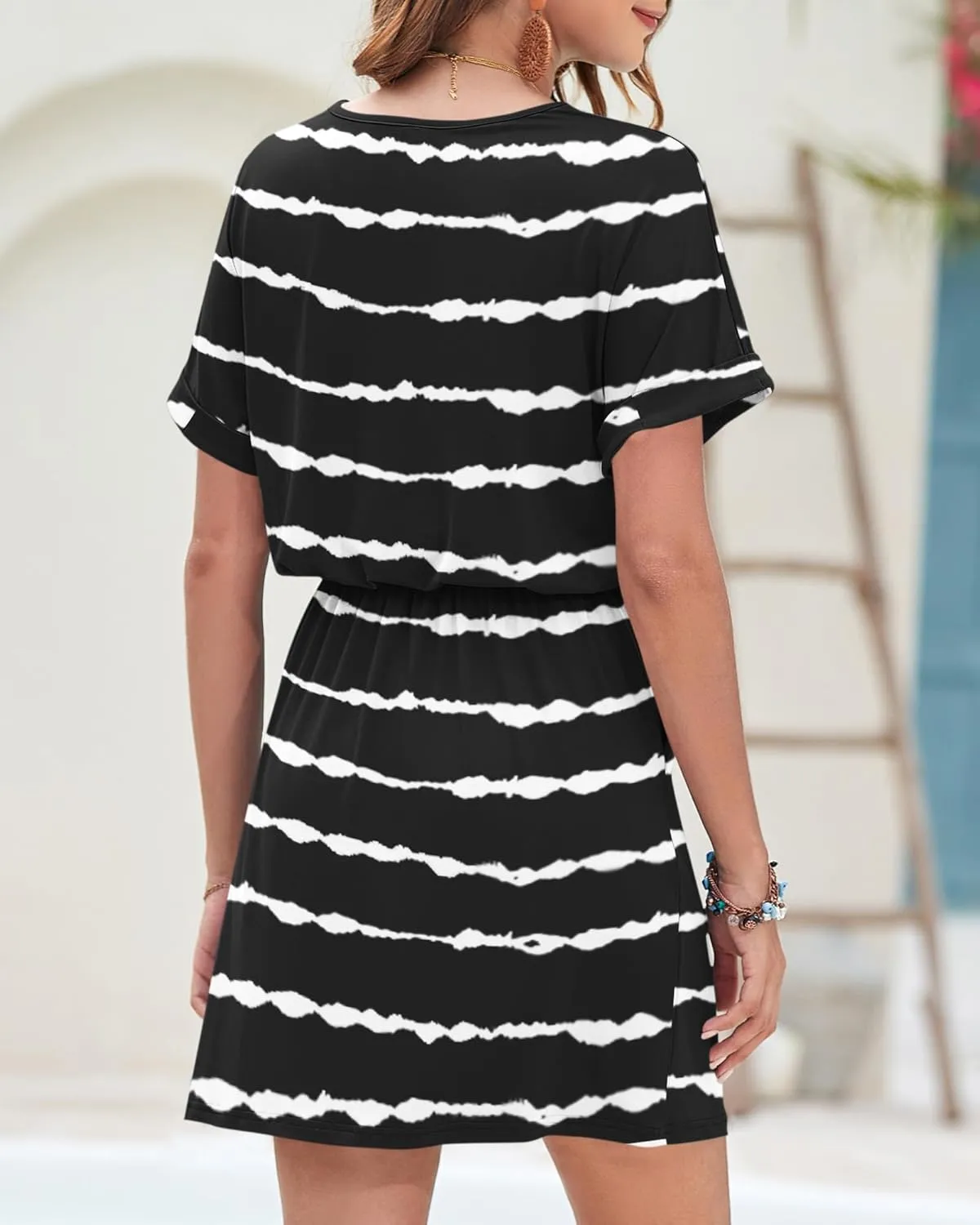 AUSELILY Womens Summer Dress 2025 Casual Short Sleeve Sundress V Neck Tie Button Beach Swing Dresses with Pockets