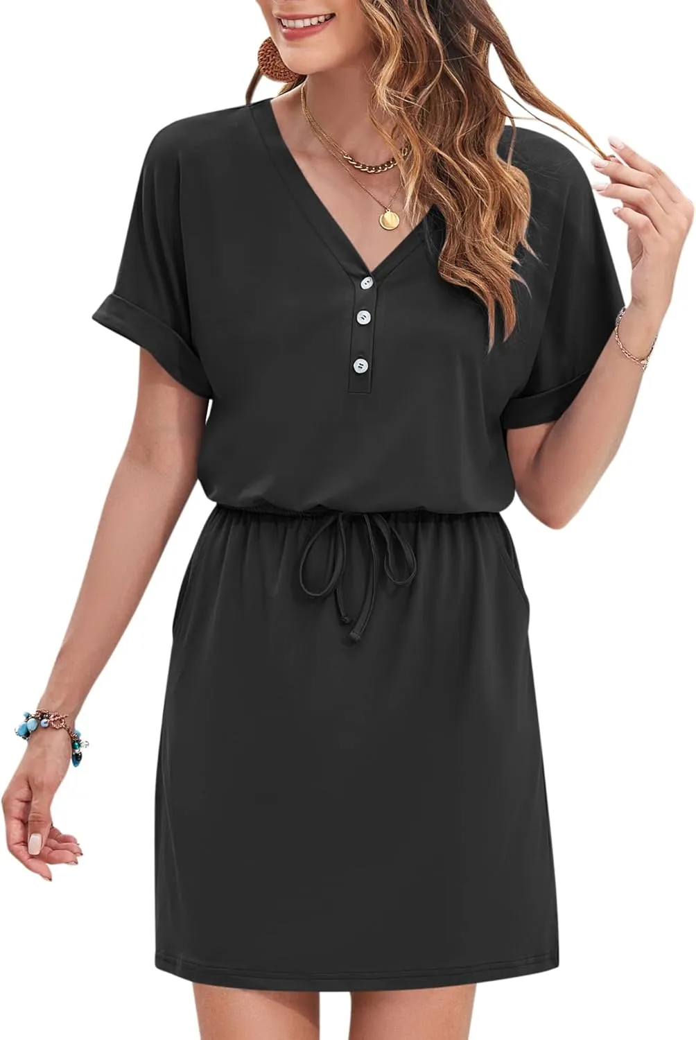 AUSELILY Womens Summer Dress 2025 Casual Short Sleeve Sundress V Neck Tie Button Beach Swing Dresses with Pockets