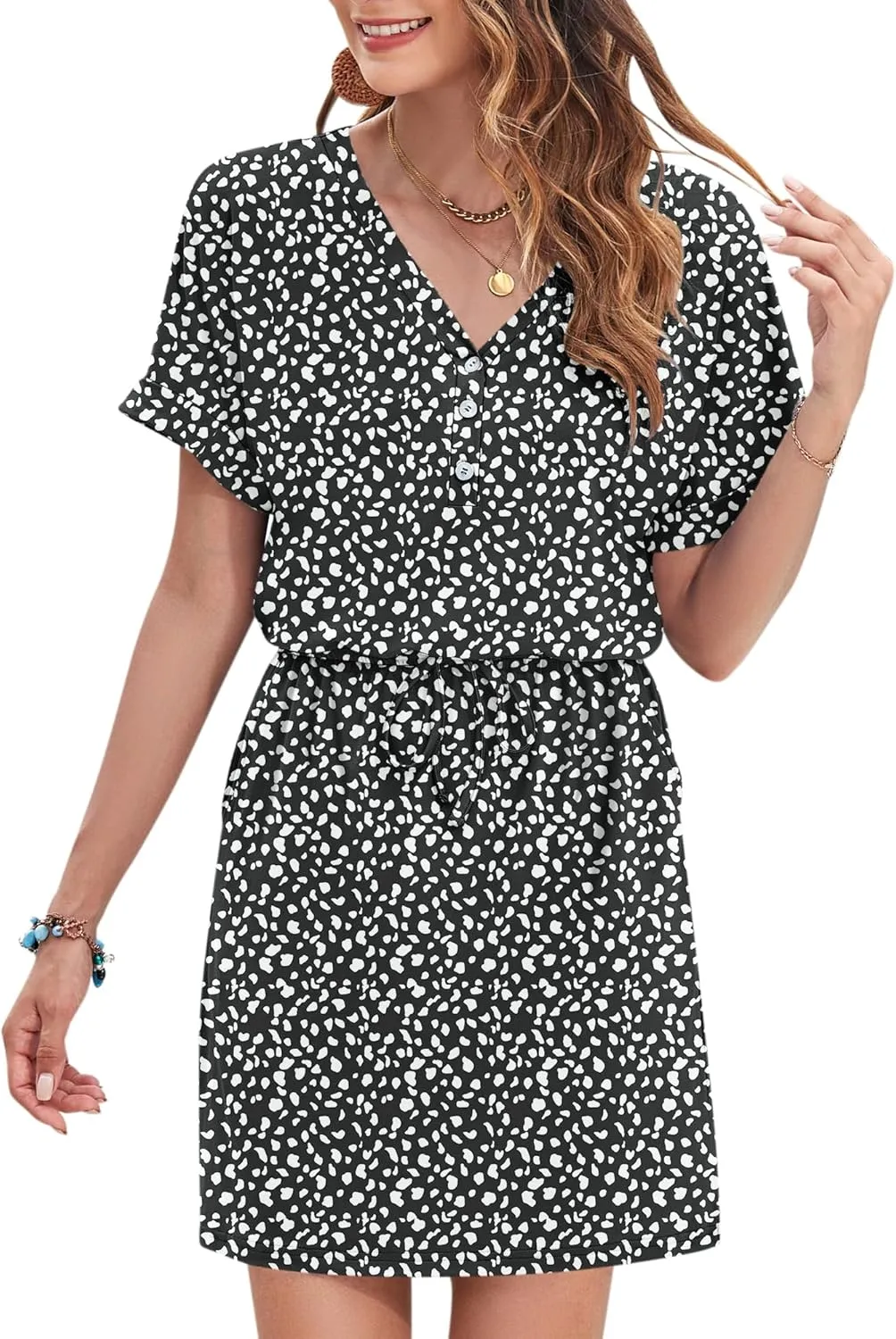 AUSELILY Womens Summer Dress 2025 Casual Short Sleeve Sundress V Neck Tie Button Beach Swing Dresses with Pockets