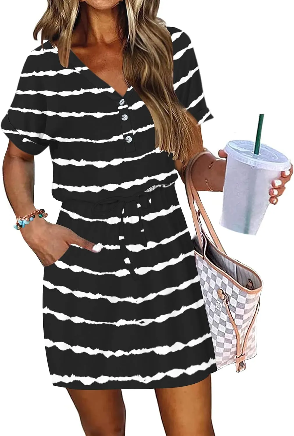 AUSELILY Womens Summer Dress 2025 Casual Short Sleeve Sundress V Neck Tie Button Beach Swing Dresses with Pockets