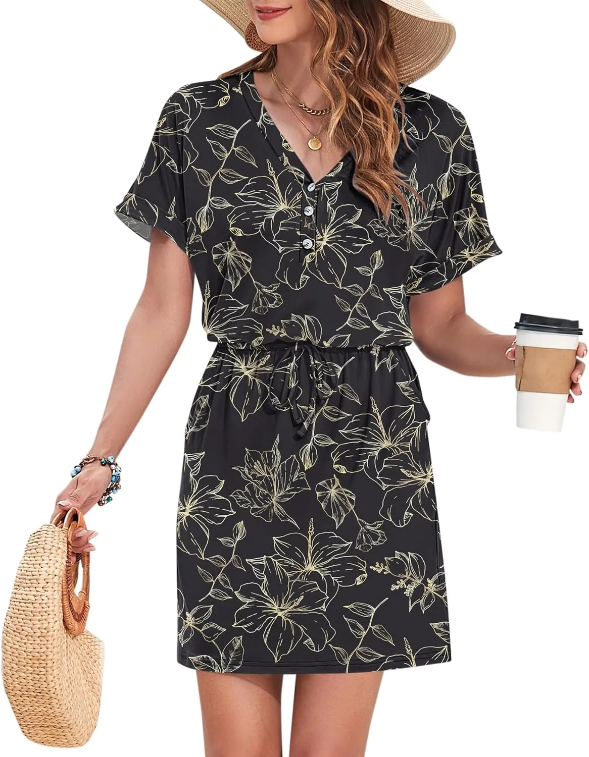 AUSELILY Womens Summer Dress 2025 Casual Short Sleeve Sundress V Neck Tie Button Beach Swing Dresses with Pockets