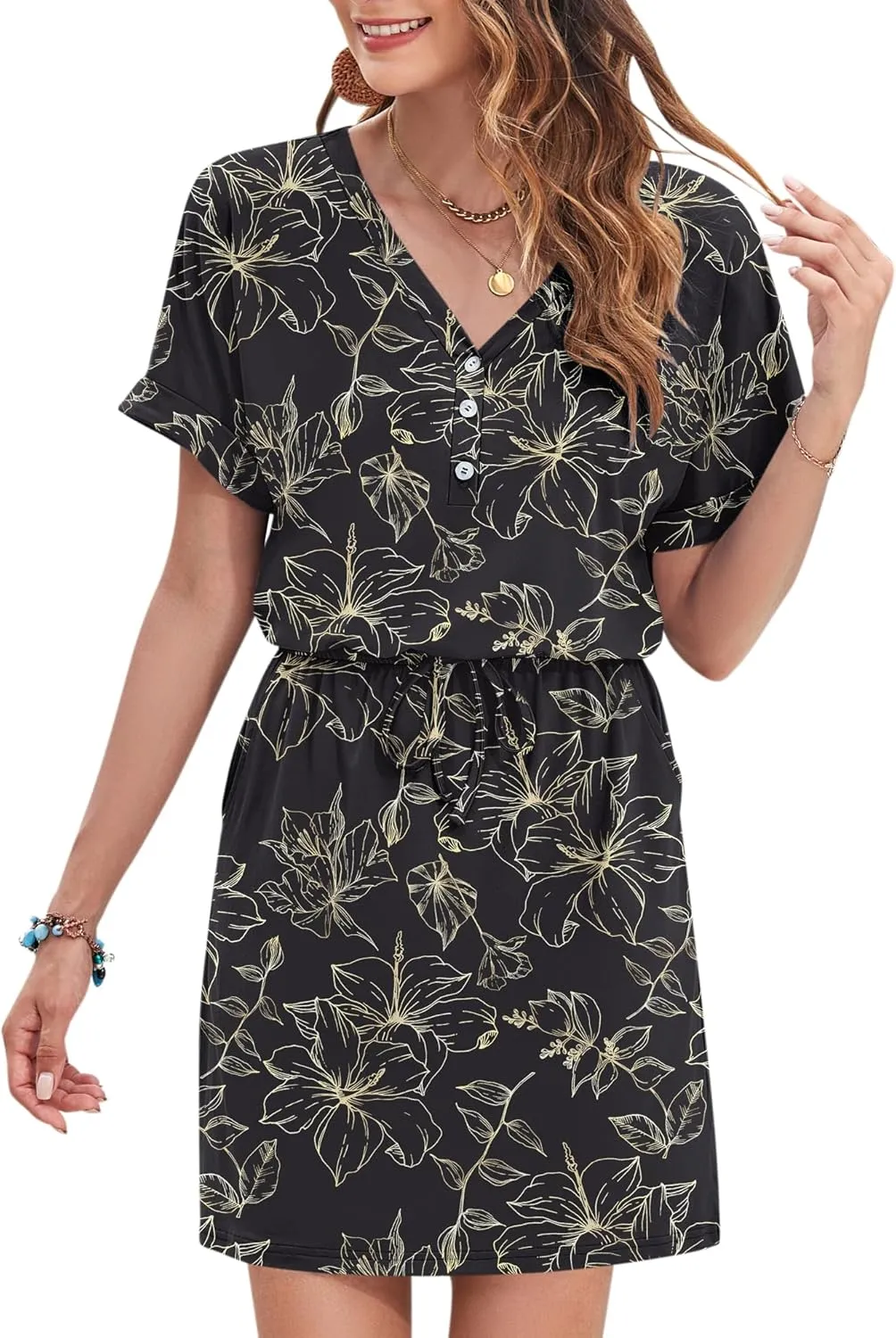 AUSELILY Womens Summer Dress 2025 Casual Short Sleeve Sundress V Neck Tie Button Beach Swing Dresses with Pockets