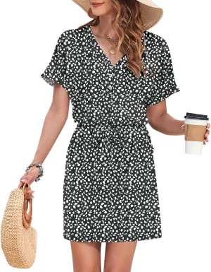 AUSELILY Womens Summer Dress 2025 Casual Short Sleeve Sundress V Neck Tie Button Beach Swing Dresses with Pockets