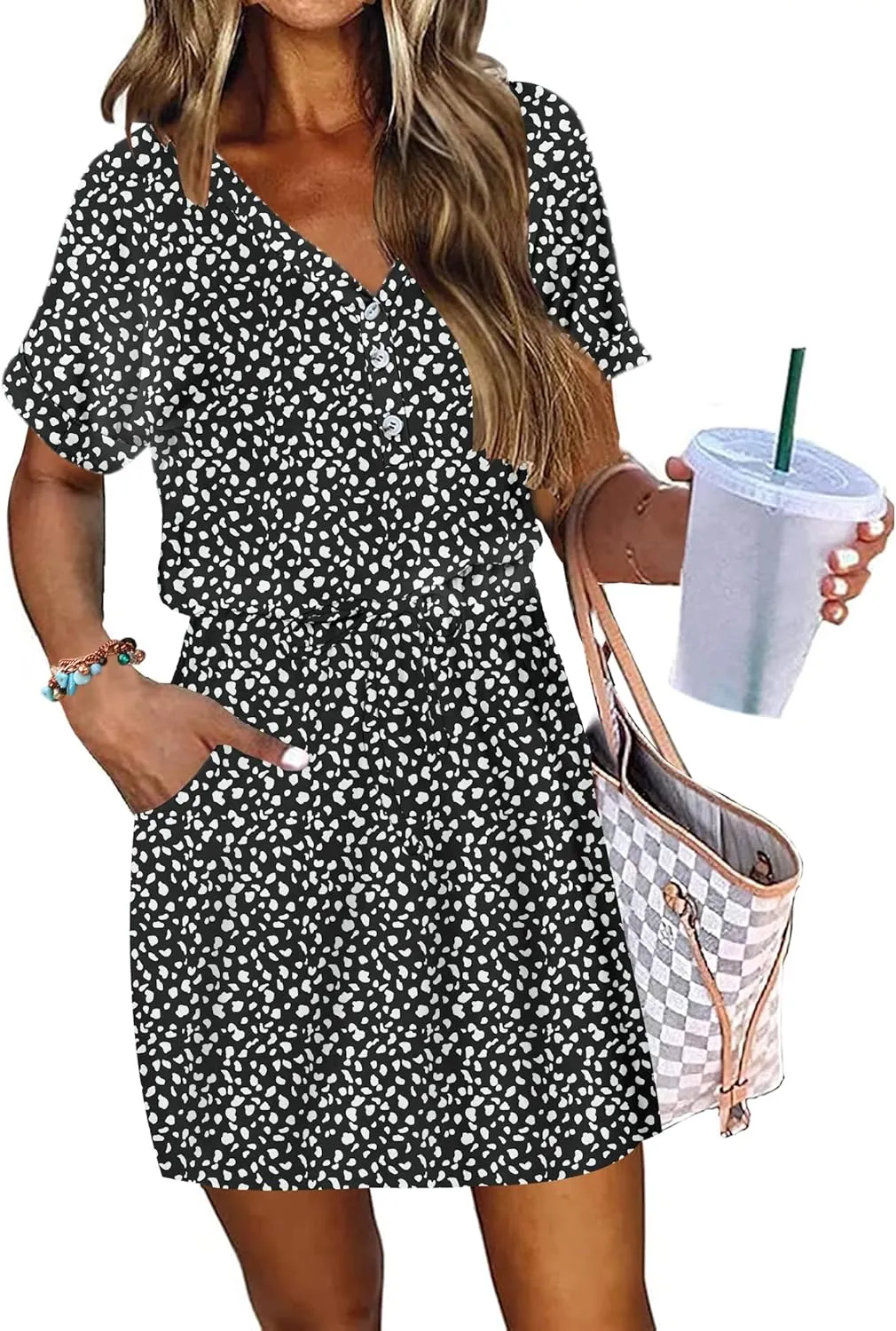 AUSELILY Womens Summer Dress 2025 Casual Short Sleeve Sundress V Neck Tie Button Beach Swing Dresses with Pockets