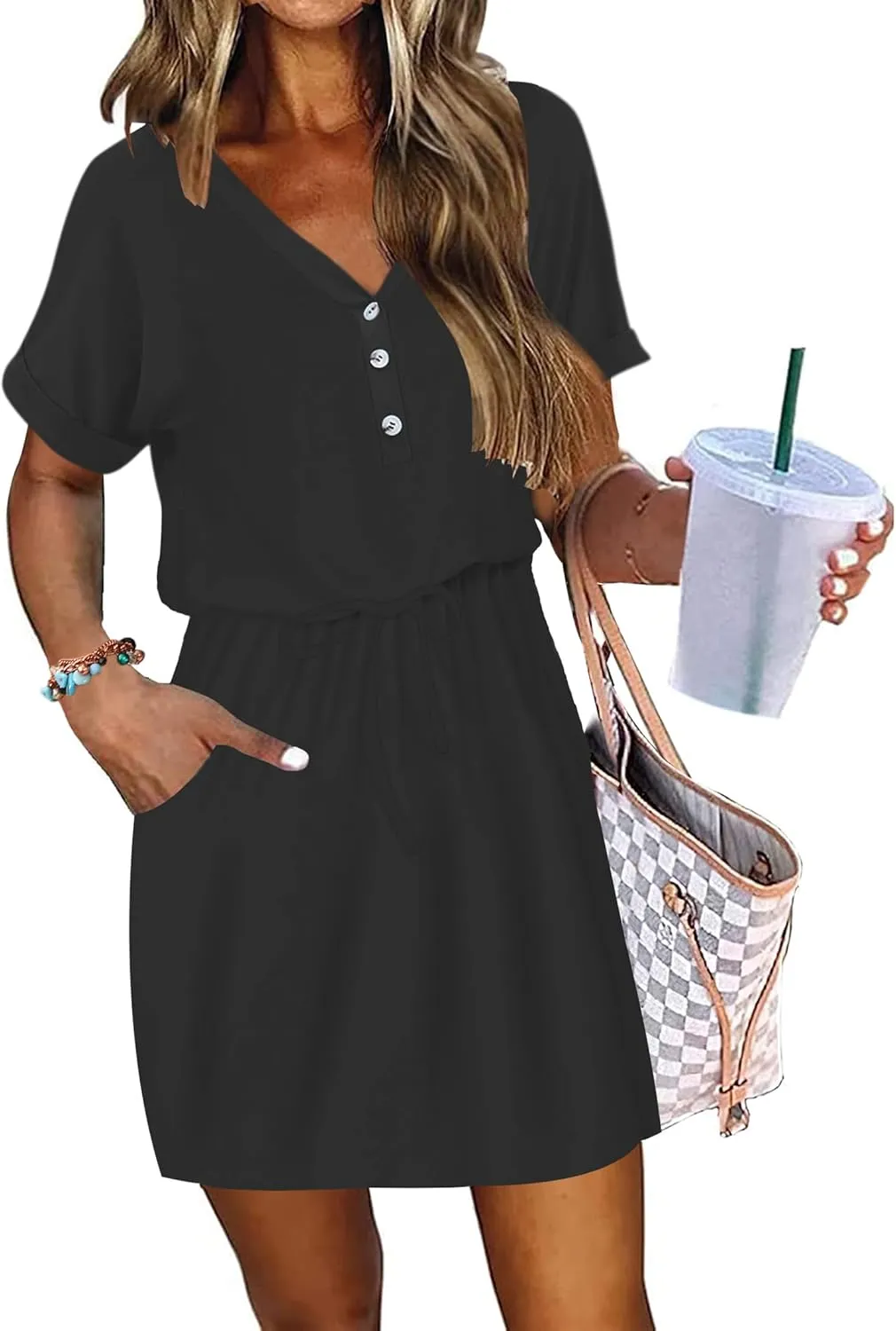 AUSELILY Womens Summer Dress 2025 Casual Short Sleeve Sundress V Neck Tie Button Beach Swing Dresses with Pockets