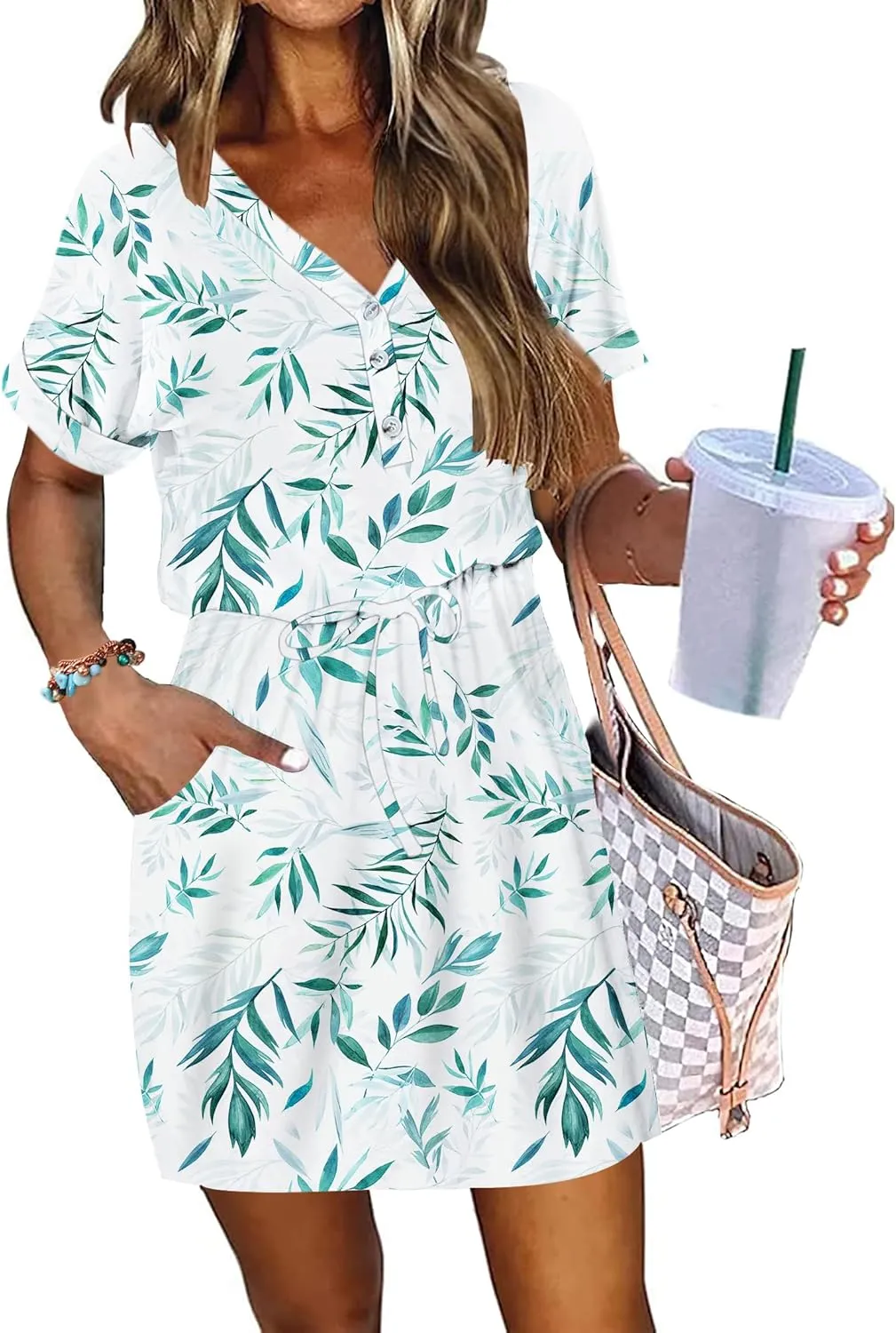 AUSELILY Womens Summer Dress 2025 Casual Short Sleeve Sundress V Neck Tie Button Beach Swing Dresses with Pockets