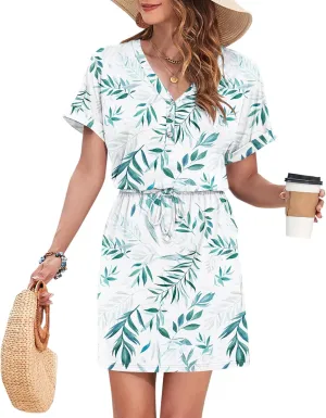 AUSELILY Womens Summer Dress 2025 Casual Short Sleeve Sundress V Neck Tie Button Beach Swing Dresses with Pockets