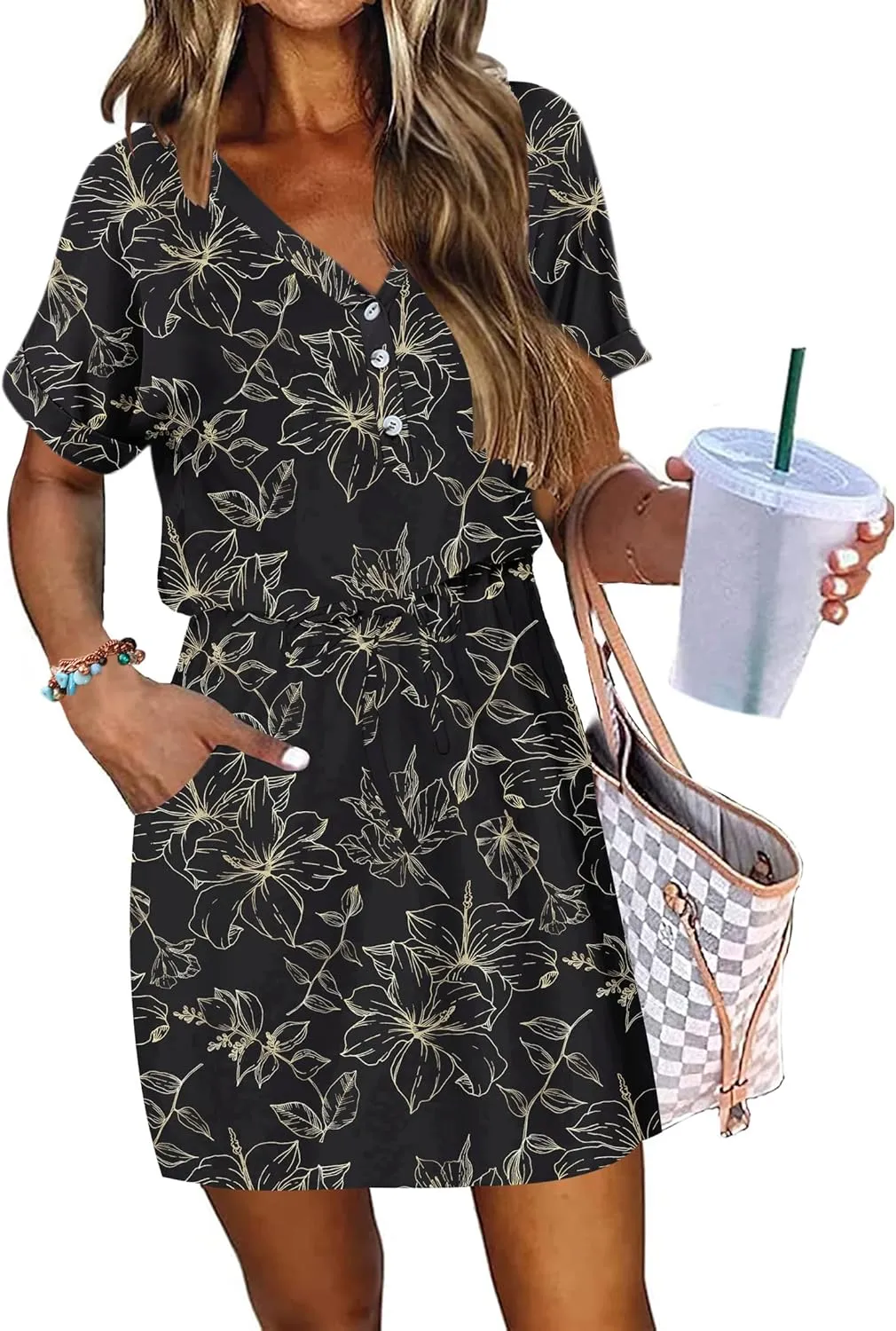 AUSELILY Womens Summer Dress 2025 Casual Short Sleeve Sundress V Neck Tie Button Beach Swing Dresses with Pockets