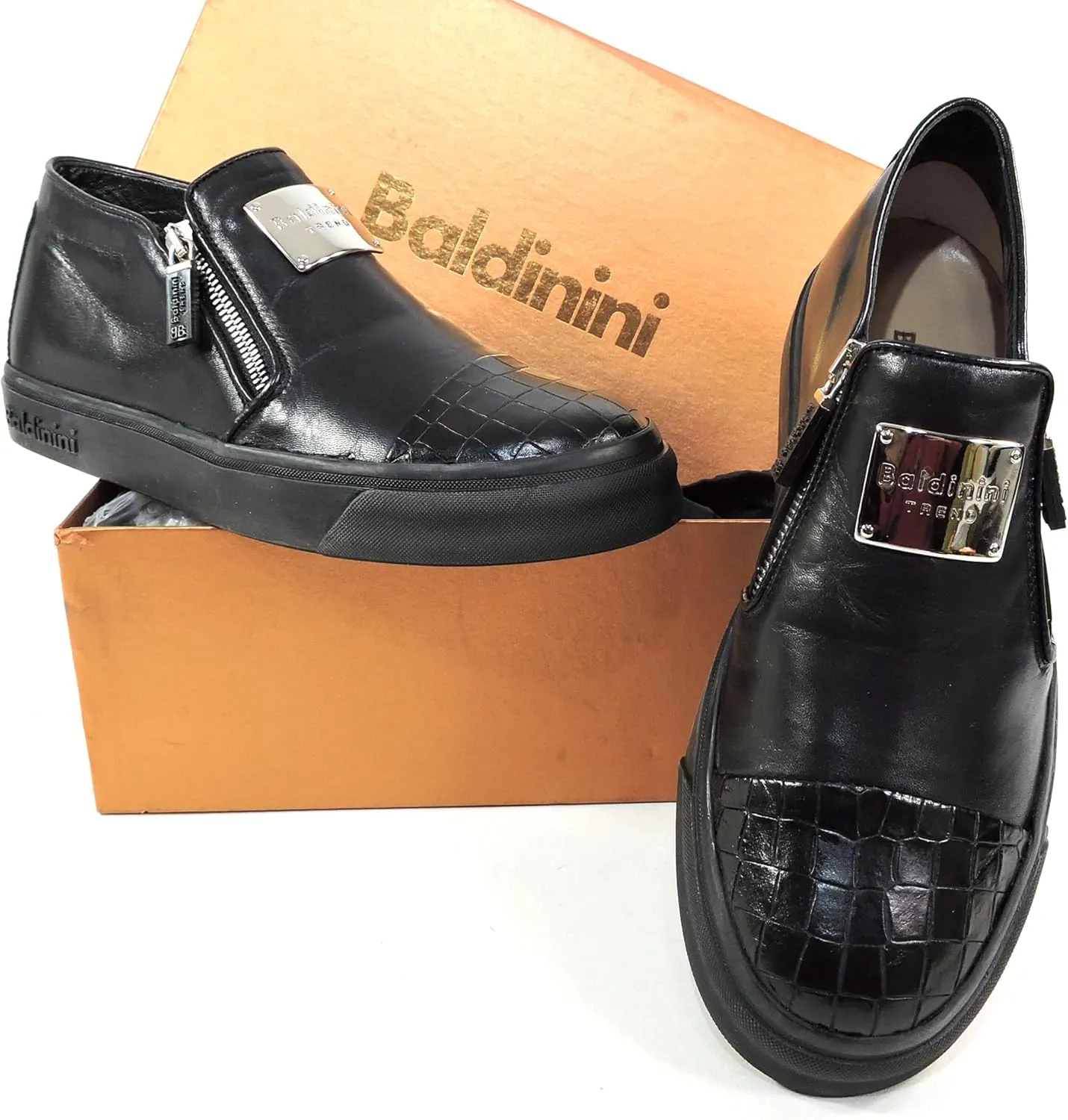 Baldinini Women's Black Leather Sneakers, Two Zip Closure, Croc-Embossed Toe, Comfort Fashion Shoes