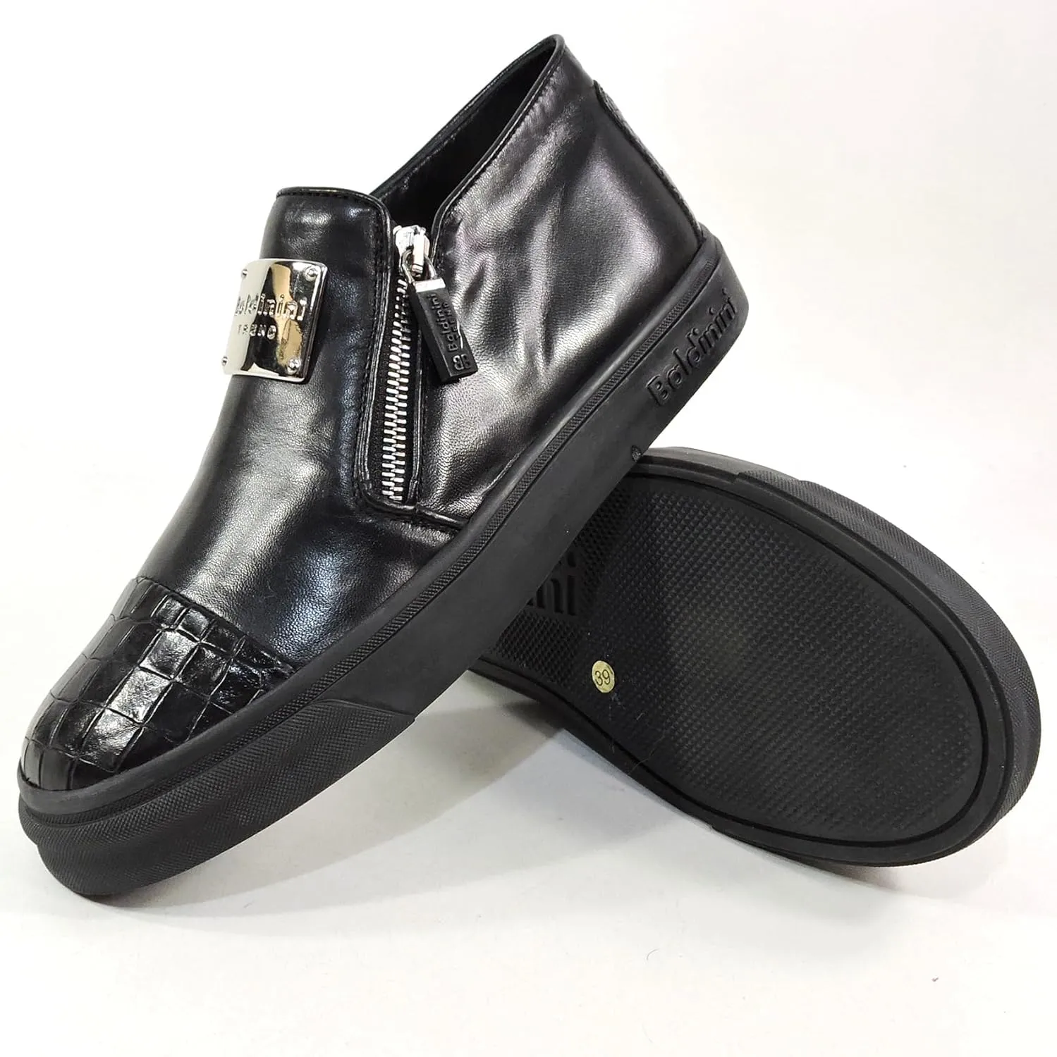 Baldinini Women's Black Leather Sneakers, Two Zip Closure, Croc-Embossed Toe, Comfort Fashion Shoes