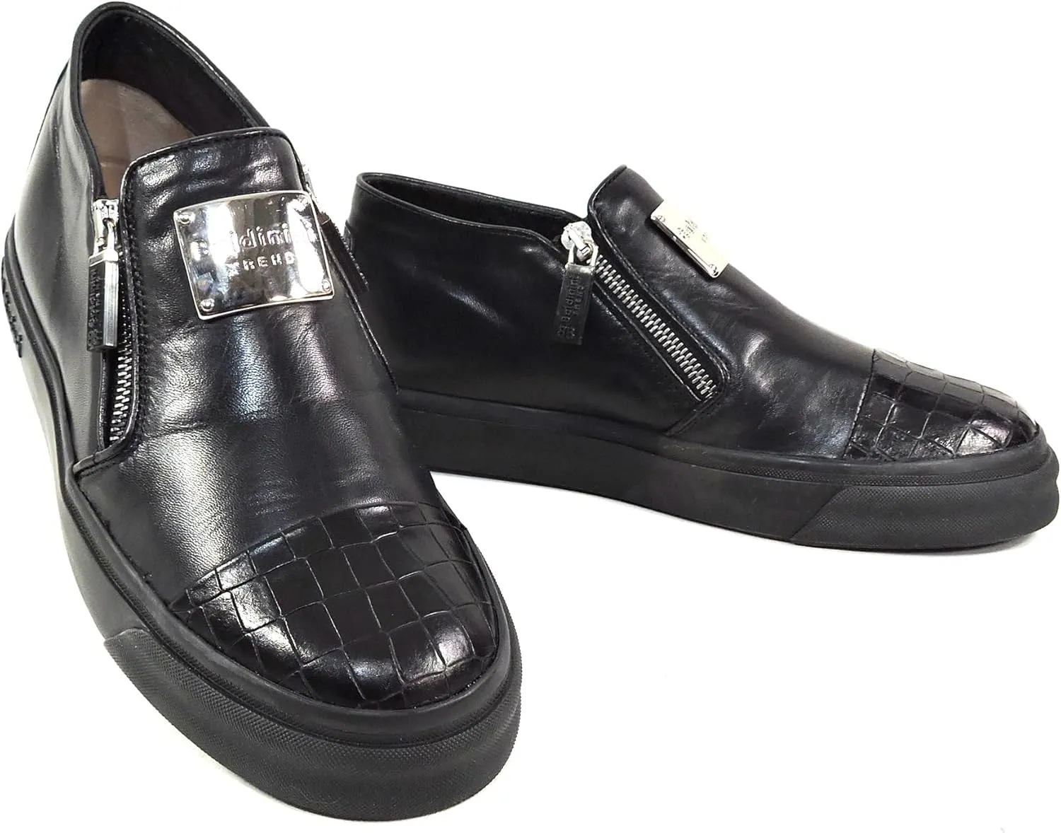 Baldinini Women's Black Leather Sneakers, Two Zip Closure, Croc-Embossed Toe, Comfort Fashion Shoes
