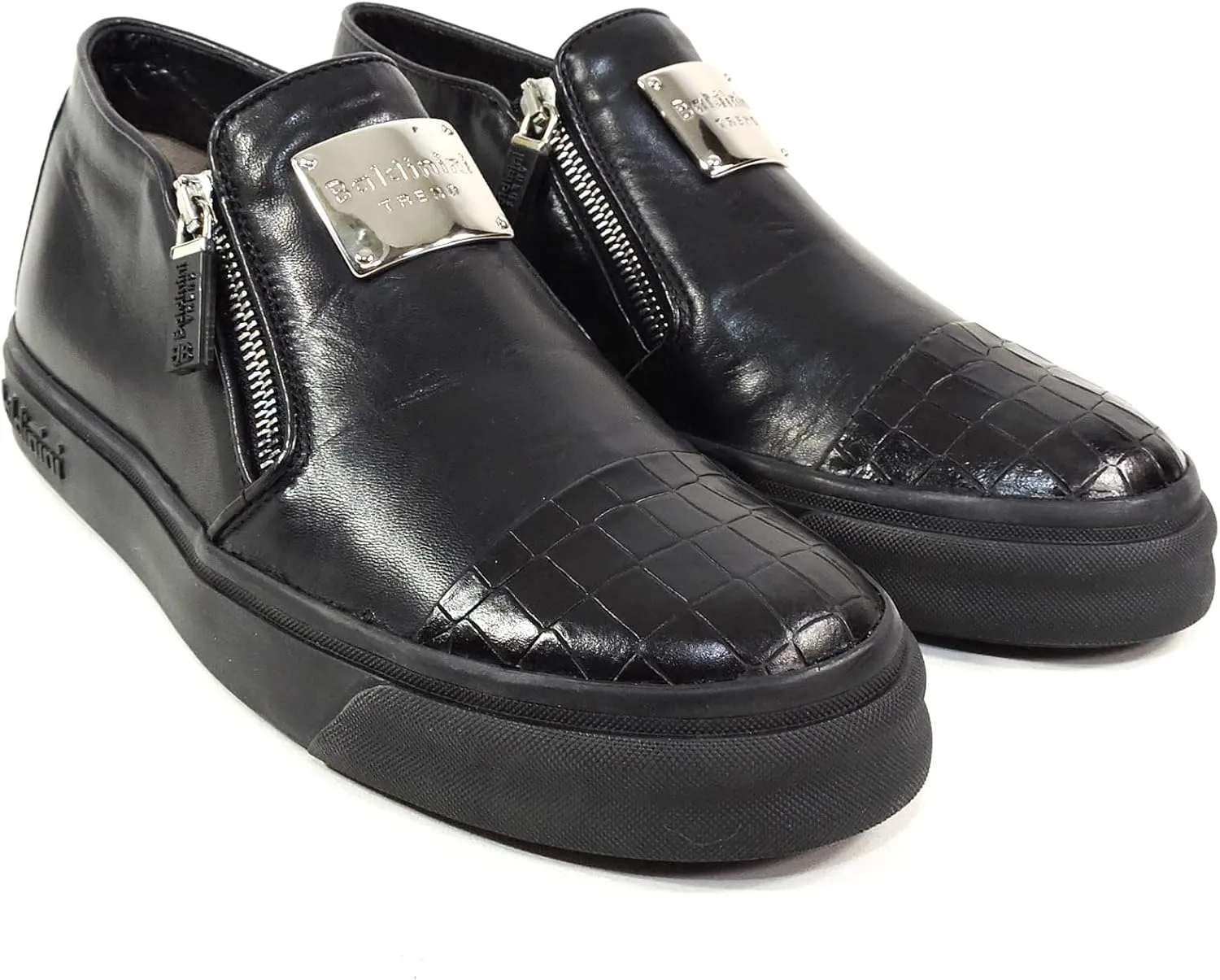 Baldinini Women's Black Leather Sneakers, Two Zip Closure, Croc-Embossed Toe, Comfort Fashion Shoes
