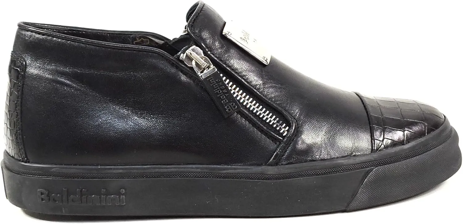 Baldinini Women's Black Leather Sneakers, Two Zip Closure, Croc-Embossed Toe, Comfort Fashion Shoes