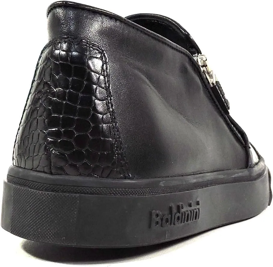 Baldinini Women's Black Leather Sneakers, Two Zip Closure, Croc-Embossed Toe, Comfort Fashion Shoes