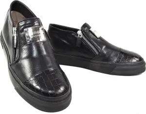 Baldinini Women's Black Leather Sneakers, Two Zip Closure, Croc-Embossed Toe, Comfort Fashion Shoes