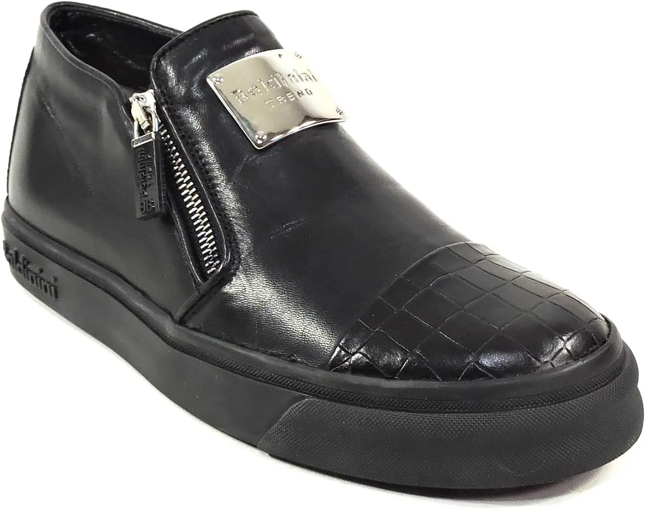 Baldinini Women's Black Leather Sneakers, Two Zip Closure, Croc-Embossed Toe, Comfort Fashion Shoes