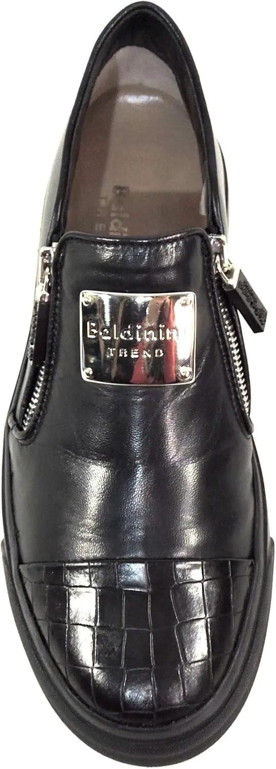 Baldinini Women's Black Leather Sneakers, Two Zip Closure, Croc-Embossed Toe, Comfort Fashion Shoes