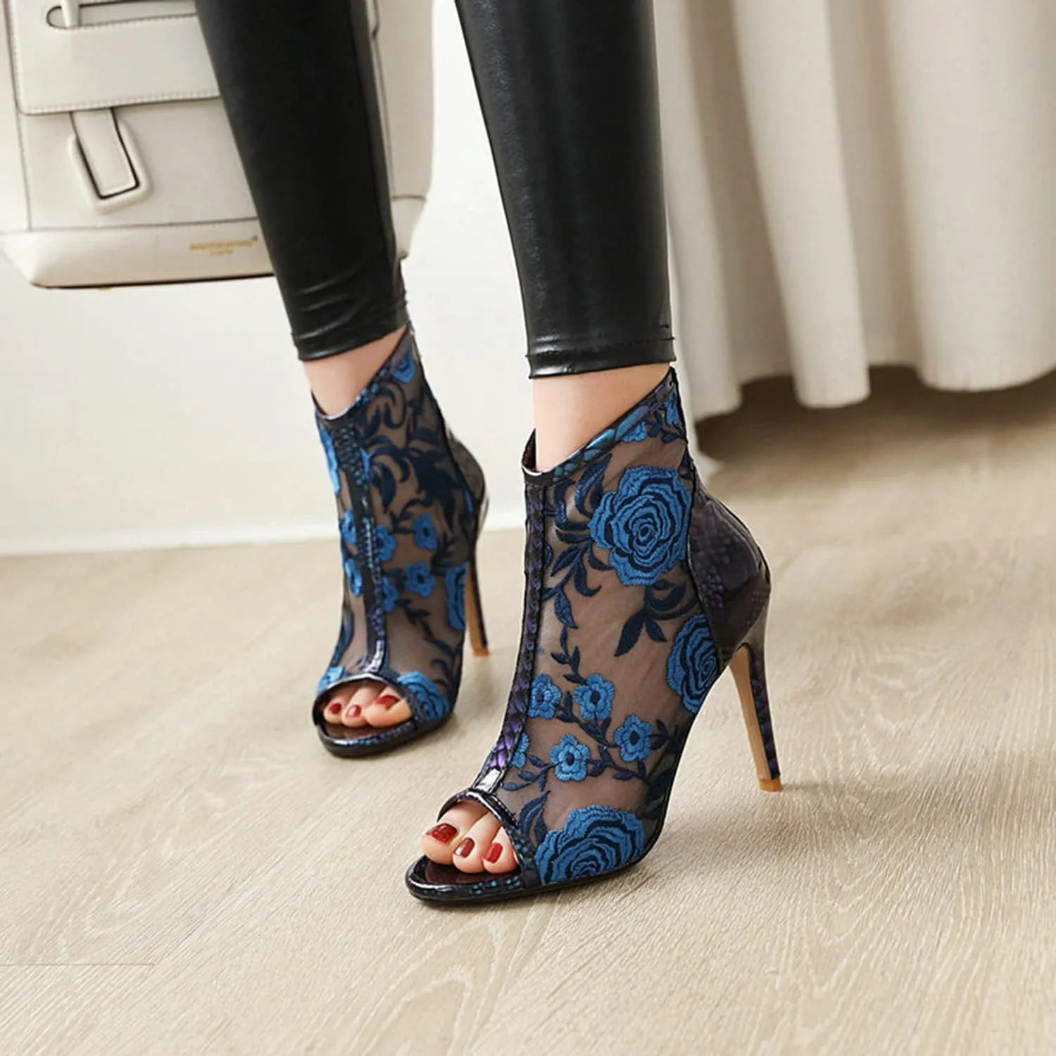 bbruriy Women's Lace Mesh Floral Embroidered Stiletto Heels Ankle Boots Peep Toe Back Zipper Bootie Summer Fashion Night Club Party Pumps Shoes