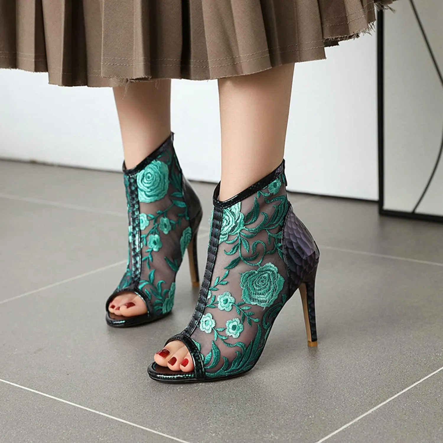 bbruriy Women's Lace Mesh Floral Embroidered Stiletto Heels Ankle Boots Peep Toe Back Zipper Bootie Summer Fashion Night Club Party Pumps Shoes